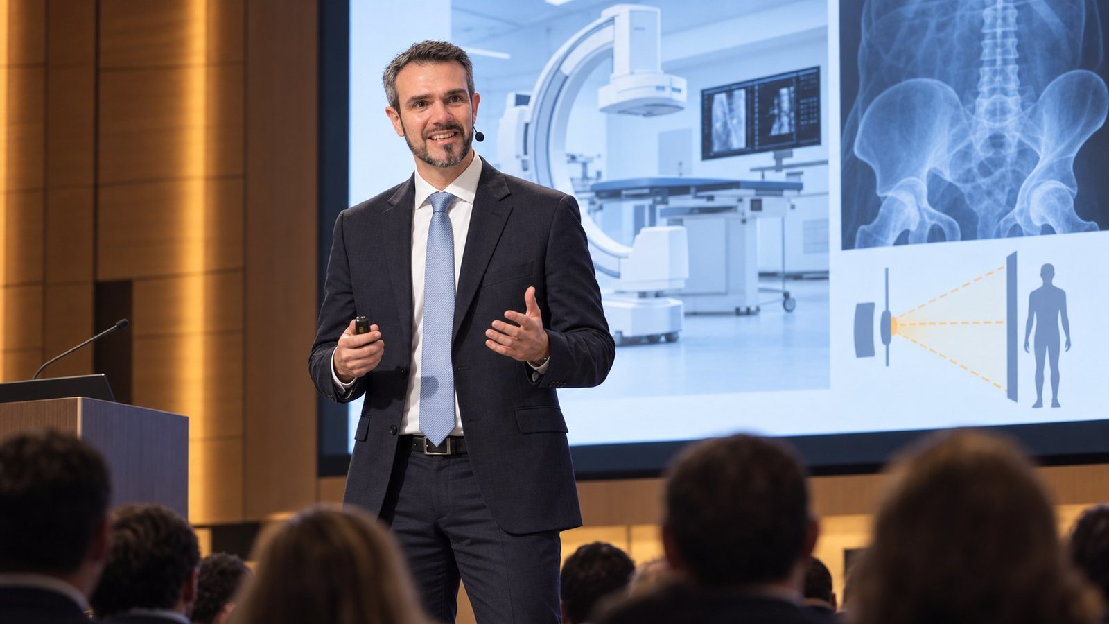Peter Kühn palestrando em auditório sobre radiologia e proteção radiológica