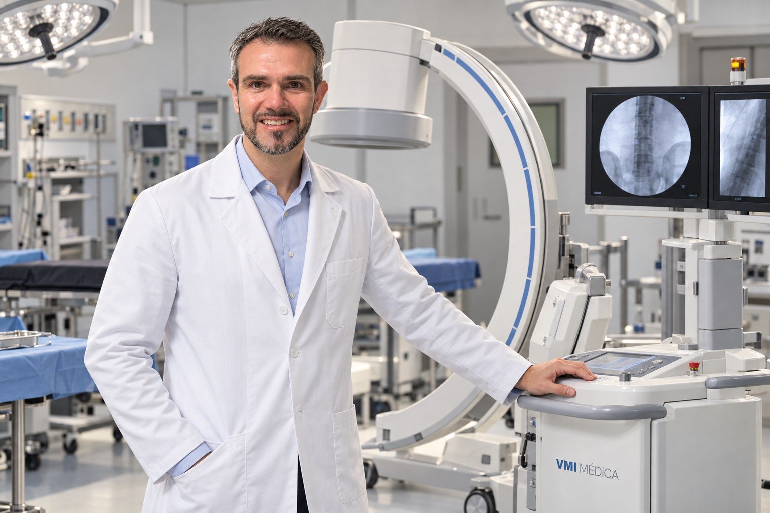 Peter Kühn de jaleco ao lado de equipamento de Arco em C da VMI Médica